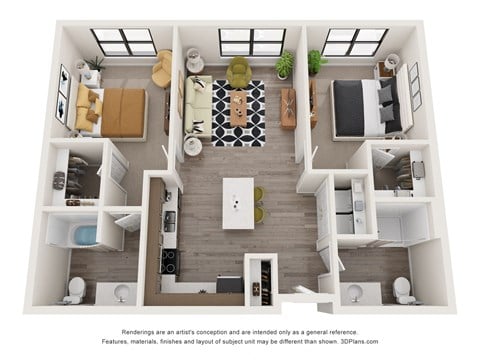 Floor plan for 2 beds, 2 baths, 998 sqft